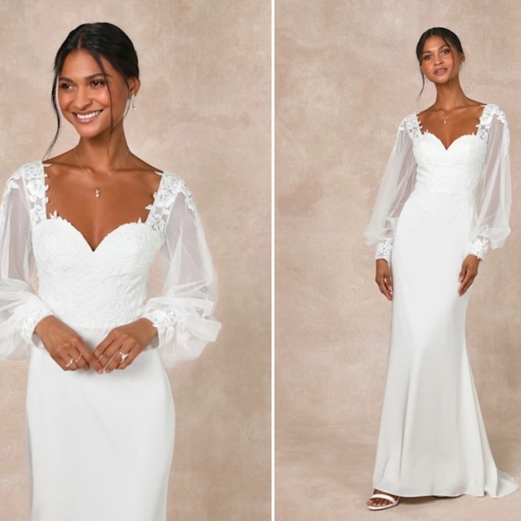 LULU's Wedding Bridal Reception Elegant Sexy Long Sleeve Floral Maxi Gown - Picture 1 of 5